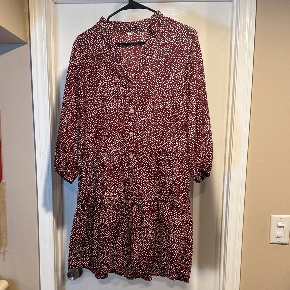 Mid Sleeve (by or below elbow) Burgundy Dot Button-Front Tiered Dress